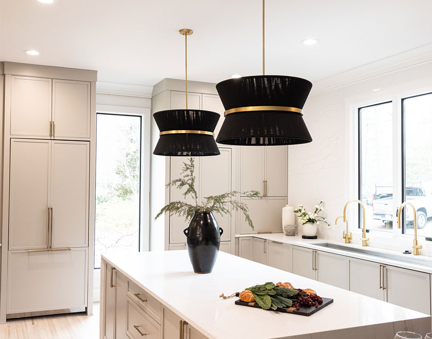 Two Black Chandeliers with Gold Line in the middle